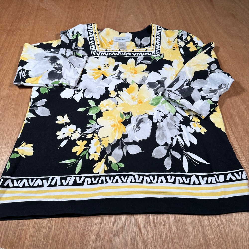 Alfred Dunner Top Women M Black Yellow Floral Square Neck Rhinestone 3/4 Sleeve